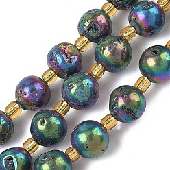 Разноцветный Гальванические природные друзы геод, круглые, с бисером, красочный, 10~11 мм, отверстие : 0.9~1 мм, около 14~15 шт / нитка, 7.60~7.87'' (19.3~20 см)