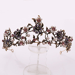 Purple Baroque Rhinestone Pearl Wedding Crown, Alloy Hair Bands for Bridal, Purple, 155x62mm