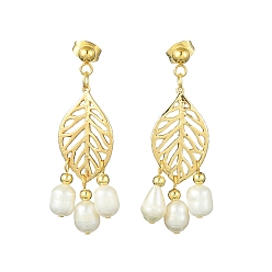 Golden Natural Pearl Chandelier Earrings, Alloy Leaf Long Drop Earrings, Golden, 42.5x16mm