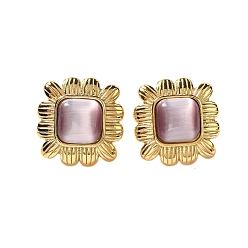 Сливовый Ионное покрытие (ip) 304 серьги-гвоздики из нержавеющей стали для женщин, со стеклянным кошачьим глазом, полированный, квадратный, золотые, слива, 17.5x17.5 мм