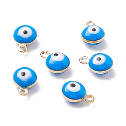 Озёрно--синий Латунь прелести, с двусторонней эмалью, долговечный, реальный 18 k позолоченный, плоский круглый с оберегами от сглаза, Плут синий, 9x6.5x4 мм, отверстие : 1.2 мм