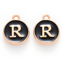 Letter R Golden Plated Alloy Charms, Cadmium Free & Lead Free, with Enamel, Enamelled Sequins, Flat Round with Letter, Black, Letter.R, 14x12x2mm, Hole: 1.5mm