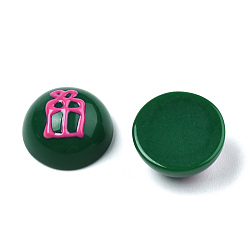 Green Opaque Resin Enamel Cabochons, Half Round with Deep Pink Gift Box Pattern, Green, 15x7.5mm