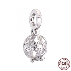 Real Platinum Plated Rhodium Plated 925 Sterling Silver Micro Pave Cubic Zirconia Bead Cage Pendants, Flower, Real Platinum Plated, 21.5x9.5x10mm, Hole: 5mm, Inner Diameter: 8.3mm