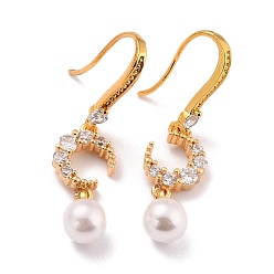 Real 18K Gold Plated Moon with Imitation Pearl Beads Sparkling Cubic Zirconia Dangle Earrings for Her, Brass Earrings for Gift, Real 18K Gold Plated, 40mm, Pin: 0.9mm