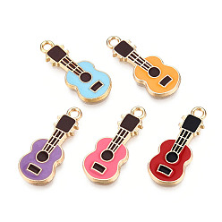 Mixed Color Eco-Friendly Zinc Alloy Pendants, with Enamel, Cadmium Free & Nickel Free & Lead Free, Guitar Shape, Light Gold, Mixed Color, 23x9x2mm, Hole: 2mm