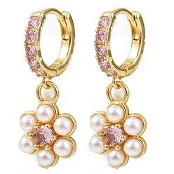 Лавандовый румянец Латунные микро проложить серьги обруча кубического циркония, с пластиковой имитационной жемчужиной, цветок, без кадмия и без свинца, стойки покрытие, долговечный, реальный 18 k позолоченный, лавандовый румянец, 30x12 мм