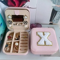 Letter X Letter Imitation Leather Jewelry Organizer Case with Mirror Inside, for Necklaces, Rings, Earrings and Pendants, Square, Pink, Letter X, 10x10x5.5cm