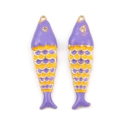 Lilac Brass Enamel Pendants, Fish Charms, with Rhinestone, Real 18K Gold Plated, Lilac, 29x8x4.5mm, Hole: 0.8mm