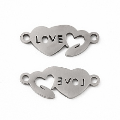 Stainless Steel Color 201 Stainless Steel Connector Charms, Double Heart Links with Love, Stainless Steel Color, 7.5x18x1mm, Hole: 1.4mm