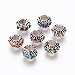 Mixed Color Tibetan Style Alloy European Beads, with Rhinestone, Large Hole Beads, Rondelle, Mixed Color, 10~11x7mm, Hole: 5mm