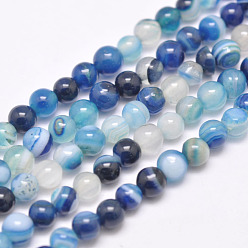Dodger Blue Natural Striped Agate/Banded Agate Bead Strands, Dyed & Heated, Round, Grade A, Dodger Blue, 4mm, Hole: 0.5mm, about 93pcs/strand, 14.7 inch(375mm)