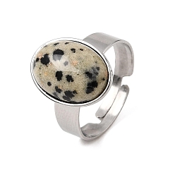 Dalmatian Jasper Adjustable 304 Stainless Steel Finger Rings for Women, with Natural Dalmatian Jasper, Oval, Stainless Steel Color, 17mm