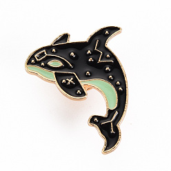 Black Alloy Enamel Brooches, Enamel Pins, with Brass Butterfly Clutches, Whale Shape, Cadmium Free & Nickel Free & Lead Free, Light Gold, Black, 1-1/4x1 inch(31x24mm), Pin: 1mm