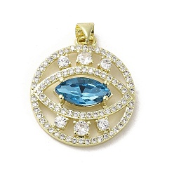 Deep Sky Blue Brass Micro Pave Cubic Zirconia Pendants, with Glass, Real 18K Gold Plated, Flat Round with Eye, Deep Sky Blue, 26x22x5.5mm, Hole: 3.3x3.7mm