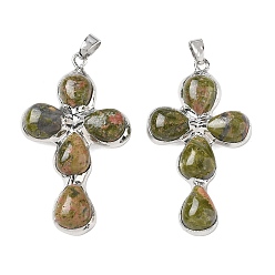 Unakite Natural Unakite Pendants, Cross Charms, with Platinum Tone Brass Findings, 38~41x22.5~23.5x5.5~6mm, Hole: 5.5x3.5mm