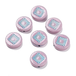 Flamingo Opaque Acrylic Beads, Metal Enlaced, Flat Round with Rhombus Pattern, Flamingo, 15~15.5x4.5~5mm, Hole: 1.8mm, about 606pcs/500g