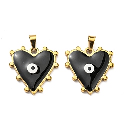 Black Ion Plating(IP) 304 Stainless Steel Pendants, with Enamel, Heart with Evil Eye Charm, Golden, Black, 21x21x3mm, Hole: 5x3.5mm