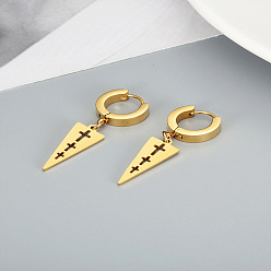 Golden Titanium Steel Dangle Hoop Earrings, Triangle with Cross, Golden, 40x13mm
