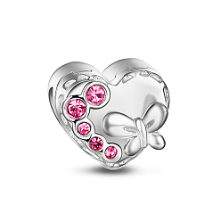 Platinum TINYSAND Heart Rhodium Plated 925 Sterling Silver Cubic Zirconia European Large Hole Beads, Platinum, 9.01x9.58x10.83mm, Hole: 4.6mm