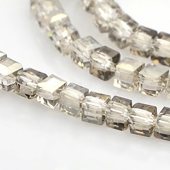 Silver Plated Half Plated Clear Glass Faceted Cube Beads Strands, Silver Plated, 3x3x3mm, Hole: 1mm, about 100pcs/strand, 12.9 inch