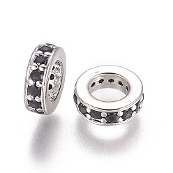 Black Brass Cubic Zirconia European Beads, Large Hole Beads, Ring, Platinum, Black, 7.5x2.5mm, Hole: 4.5mm
