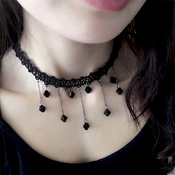 X428 black lace fringe Handmade Black Crystal Fringe Lace Choker Necklace with Tassel Decoration