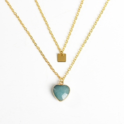 Green Aventurine Golden Alloy Double Layer Necklace, Natural Green Aventurine Heart & Alloy Square Tag Pendants Necklace, Pendant: 15mm