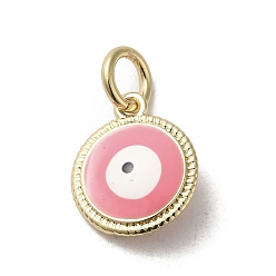Pale Violet Red Brass Enamel Charms, with Jump Ring, Real 18K Gold Plated, Flat Round with Evil Eye Charm, Pale Violet Red, 13.5x11.5x3.7mm, Hole: 3.2mm
