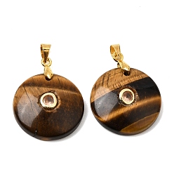Tiger Eye Natural Tiger Eye Pendants, Coin Charms with Brass Pave Cubic Zirconia Findings, Golden, 27x21x5mm, Hole: 4x3.5mm