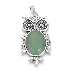 Green Aventurine Natural Green Aventurine Big Pendants, with Alloy Findings, Owl, Antique Silver, 56x27.5x7.5mm, Hole: 3.5x7.5mm
