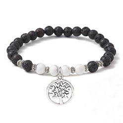 Howlite Natural Lava Rock & Howlite Gemstone Round Beaded Stretch Bracelet, with Alloy Tree of Life Charms, Inner Diameter: 2-1/2 inch(6.5cm)