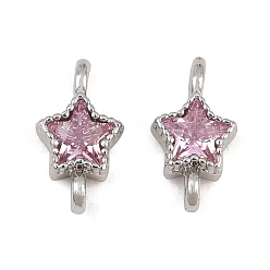 Platino Colgantes de conector de circonita cúbica rosa perla pavé de latón, enlaces estrella, chapado en rack, larga duración plateado, Platino, 9.5x5x3 mm, agujero: 1.2 mm