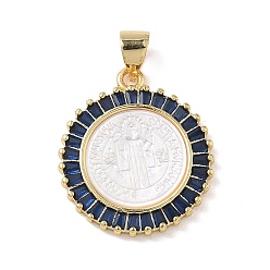 Синий Религия латунь микро проложить цирконий подвески, с оболочкой, плоский круглый со святыми подвесками, стойки покрытие, долговечный, без кадмия и без свинца, реальный 18 k позолоченный, синие, 21.5x18.5x3.5 мм, отверстие : 4.5x3.5 мм