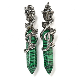 Малахит Синтетический малахит ограненные двухконечные заостренные большие подвески, Подвески в виде шестиугольной призмы с розой в оболочке из сплава, античное серебро, 59.5x14x10.5 мм, отверстие : 6.5x4.5 мм