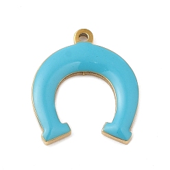 Deep Sky Blue 304 Stainless Steel Charms, with Enamel, Real 14K Gold Plated, Horseshoe Charm, Deep Sky Blue, 11.6x10x1.3mm, Hole: 0.8mm