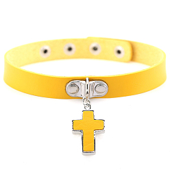 Yellow PU Leather Adjustable Choker Necklace, Alloy Cross Pendant Necklace with Stainless Steel Snap Buttons for Women, Yellow, 15.75 inch(40cm)