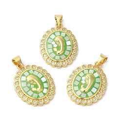 Lime Green Oval with Virgin Face Brass Micro Pave Cubic Zirconia Pendants, with Enamel & Shell, Long-Lasting Plated, Lead Free & Cadmium Free, Real 18K Gold Plated, Lime Green, 22x17x3mm, Hole: 5.5x4mm