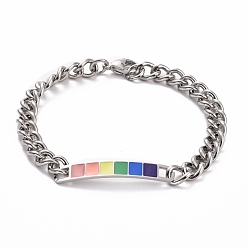 Platinum & Stainless Steel Color Rainbow Pride Bracelet, Enamel Rectangle Bar Link Bracelet for Men Women, Platinum & Stainless Steel Color, 8-3/4 inch(22.3cm)