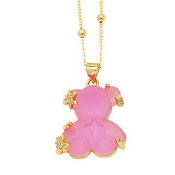 Hot Pink Resin Pendant Necklaces, with Brass Micro Pave Cubic Zirconia Finding, Bear, Hot Pink, 17.72 inch(45cm)