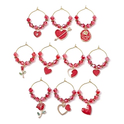 Golden Valentine's Day Alloy Enamel Pendants Wine Glass Charms Sets, with Brass Hoop Earrings Findings and Glass Beads, Rose/Heart/Lock, Golden, 40~48x30mm