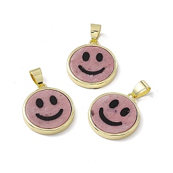 Rhodonite Natural Rhodonite Pendants, Flat Round with Smiling Face Charms, with Rack Plating Golden Tone Brass Findings, Cadmium Free & Lead Free, 21x18.5x3mm, Hole: 4x6mm