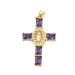Indigo Rack Plating Brass Pendants, with Glass Cubic Zirconia, Religion Cross with Virgin Mary Charm, Cadmium Free & Lead Free, Long-Lasting Plated, Real 18K Gold Plated, Indigo, 43x27x4mm, Hole: 5x3mm