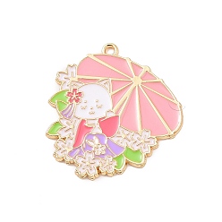 Pink Pendentifs en émail , Chat en kimono de style japonais avec breloque parapluie, or, rose, 33.5x31.5x1mm, Trou: 2mm