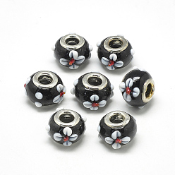 Black Handmade Lampwork European Beads, Bumpy Lampwork, with Platinum Brass Double Cores, Large Hole Beads, Rondelle with Flower, Black, 16x14x10.5mm, Hole: 5mm