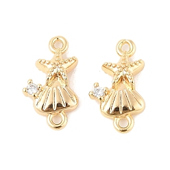 Настоящее золото 18K Подвески-коннекторы в форме ракушки из прозрачного кубического циркония из латуни, реальный 18 k позолоченный, 15x9x4 мм, отверстие : 1.2 мм