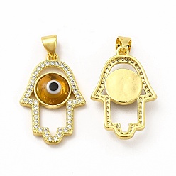 Goldenrod Rack Plating Brass Micro Pave Clear Cubic Zirconia Pendants, with Handmade Evil Eye Lampwork, Cadmium Free & Lead Free, Long-Lasting Real 18K Gold Plated, Hamsa Hand Charm, Goldenrod, 25.5x17x4mm, Hole: 5.5x3.5mm