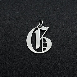 Letter G 304 Stainless Steel Pendants, with Jump Ring, Old English, Letter, Laser Cut, Stainless Steel Color, Letter.G, 15.5x13x1mm, Hole: 3mm