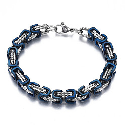 Blue Ion Plating(IP) Two Tone 201 Stainless Steel Byzantine Chain Bracelet for Men Women, Nickel Free, Blue, 8-7/8 inch(22.5cm)