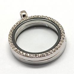 Platinum Flat Round Alloy Glass Magnetic Locket Pendants, Photo Frame Living Memory Floating Charms, with Rhinestones, Platinum, 36.2x29.5x7mm, Hole: 3.5mm, Inner Measure: 22.2mm